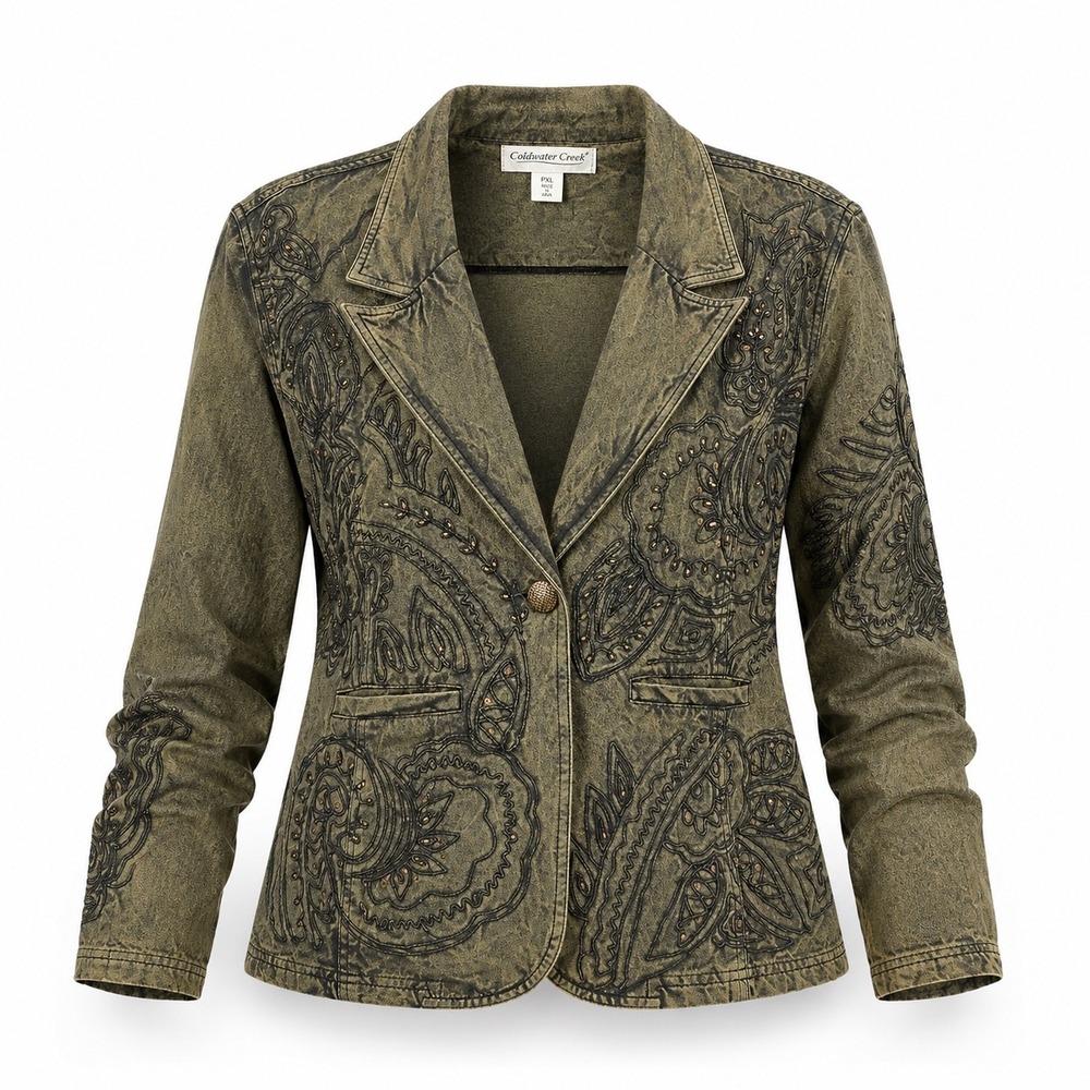 Coldwater Creek Embroidered Sequin Cotton Blazer Jacket Olive Petite XL